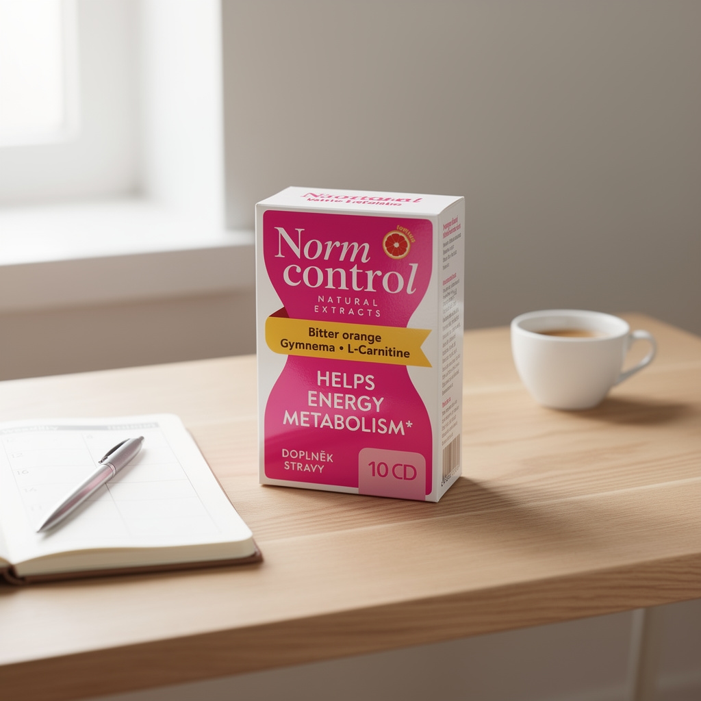 Norm Control na dřevěném stole vedle diáře a ranní kávy